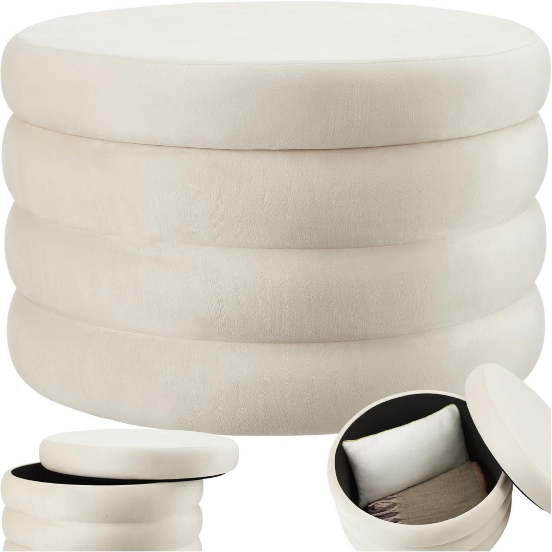 Hocker mit Stauraum Weiss creme 67 x 42 cm XL Scandi Sitzhocker Samt Stoff Pouf