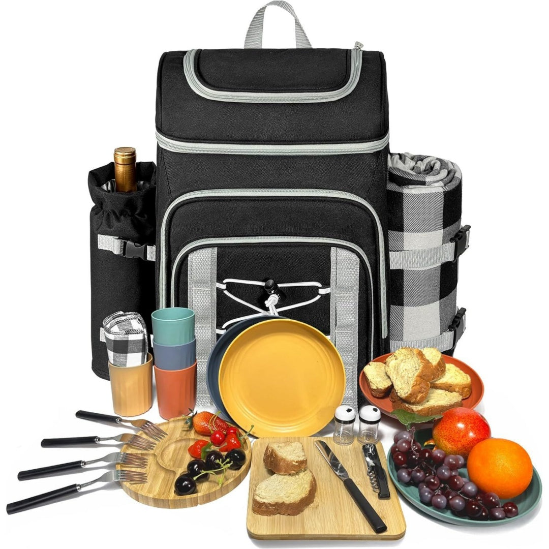 Tim Picknickkorb Rucksack fuer 4 Personen mit Decke Schwarz Isoliertes Auslaufsicheres Kuehlfach Weinhalter