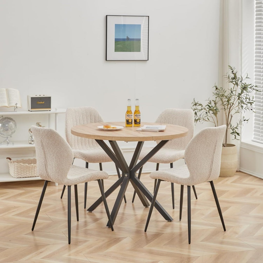 Essgruppe 5-Teilig 100cm Runder Esstisch und 4 Leinen-Esszimmerstuehle Esstisch und Stuehle fuer 4 Personen