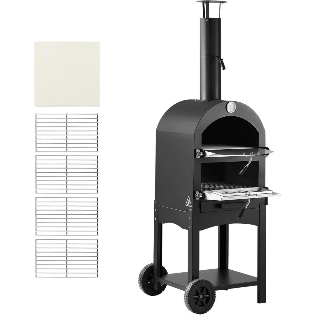 Pizzaofen 12 Zoll Pelletoefen 2-lagiger Pizzaofen mit Holzfeuerung Holzbefeuerter Ofen Outdoor mit 2 abnehmbaren Raedern