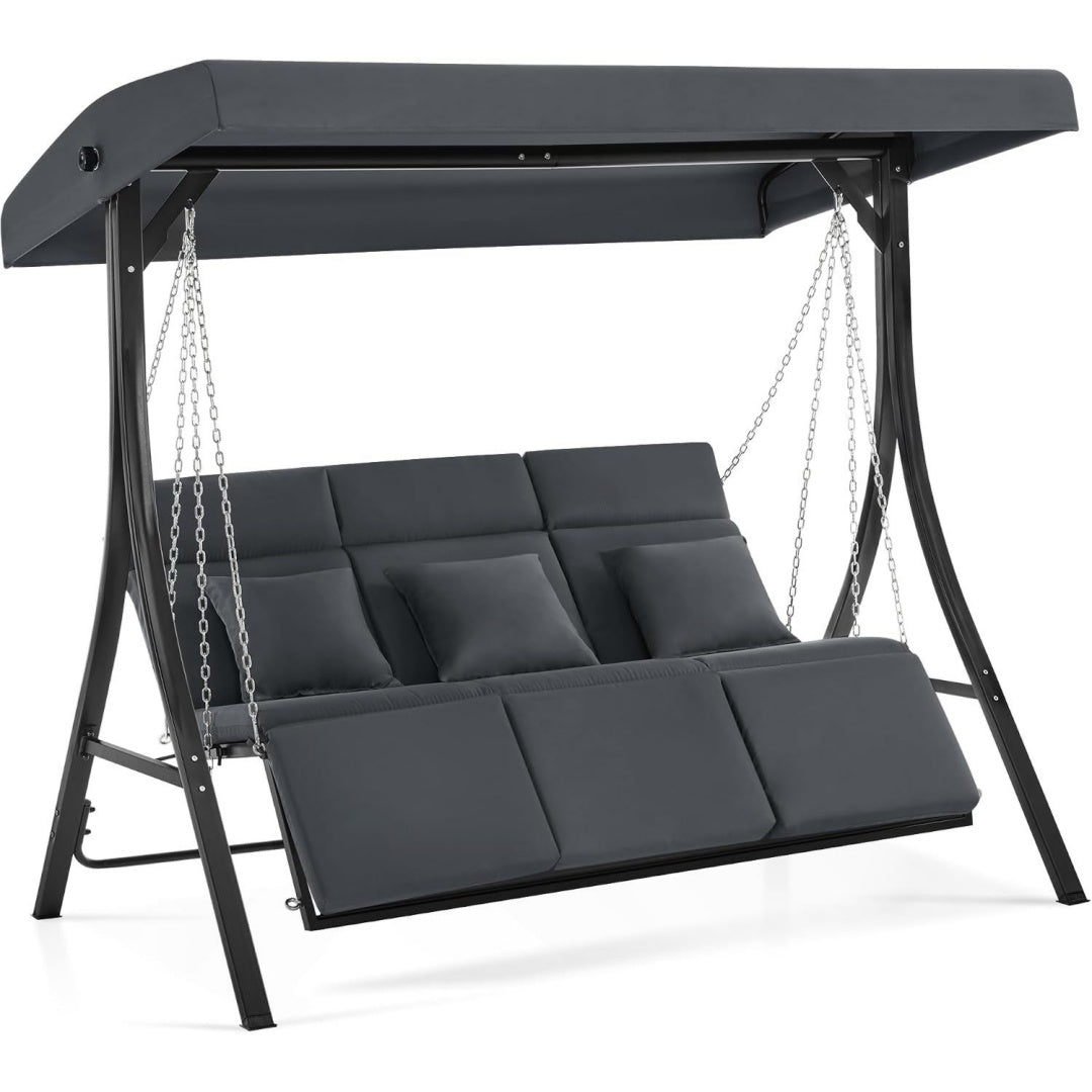 M Hollywoodschaukel mit Liegefunktion Grau Gartenschaukel 3 Sitzer Wetterfest Outdoor Schaukelbank mit Metallketten