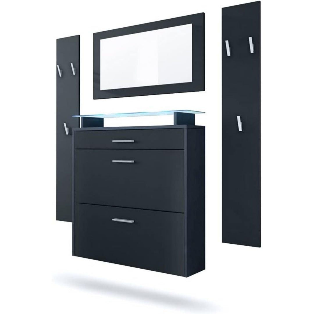 Garderobe Blau schwarz Garderobenset bestehend aus 1 Haengeschuhschrank 1 Wandspiegel und 2 Garderobenpaneele