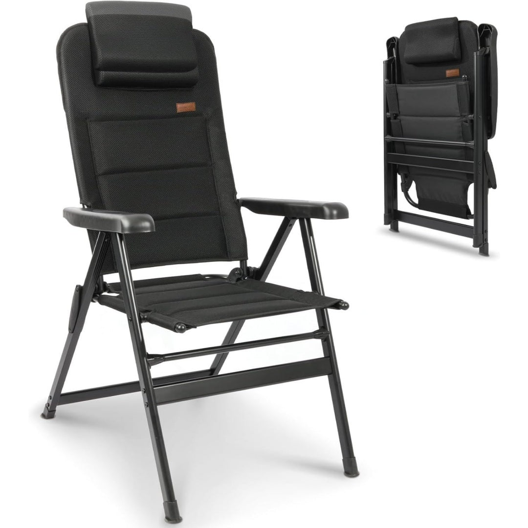 XXL Gartenstuhl Camping Hochlehner klappbar Schwarz bis 150 kg 5-Fach Faltbarer Hochlehner mit 5-fach verstellbarer Rueckenlehne Armlehnen