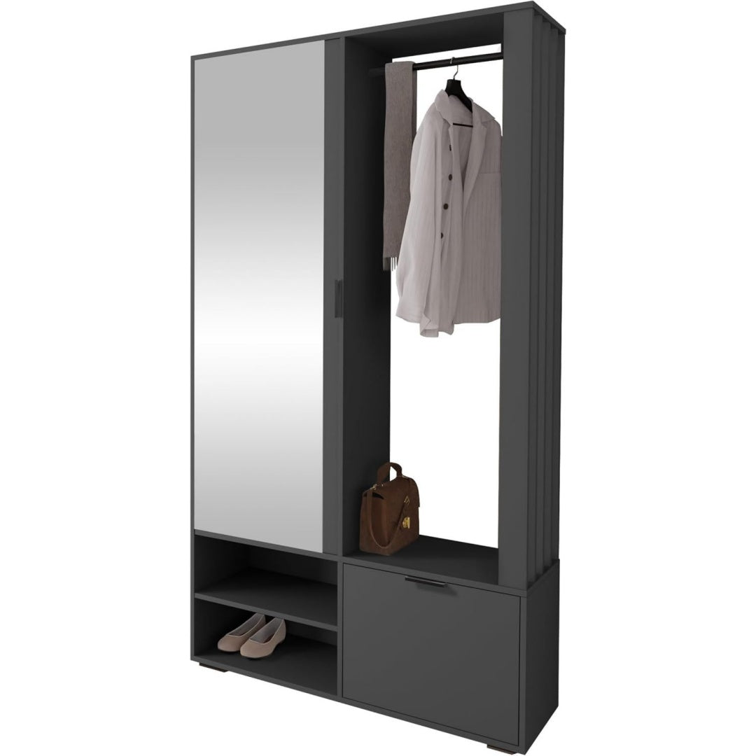 Garderoben-Set Raldento mit Spiegel ( ) Praktische Flurgarderobe mit Kleiderstange anthrazit Ablagefaechern Schuhschrank und beidseitig montierbarem