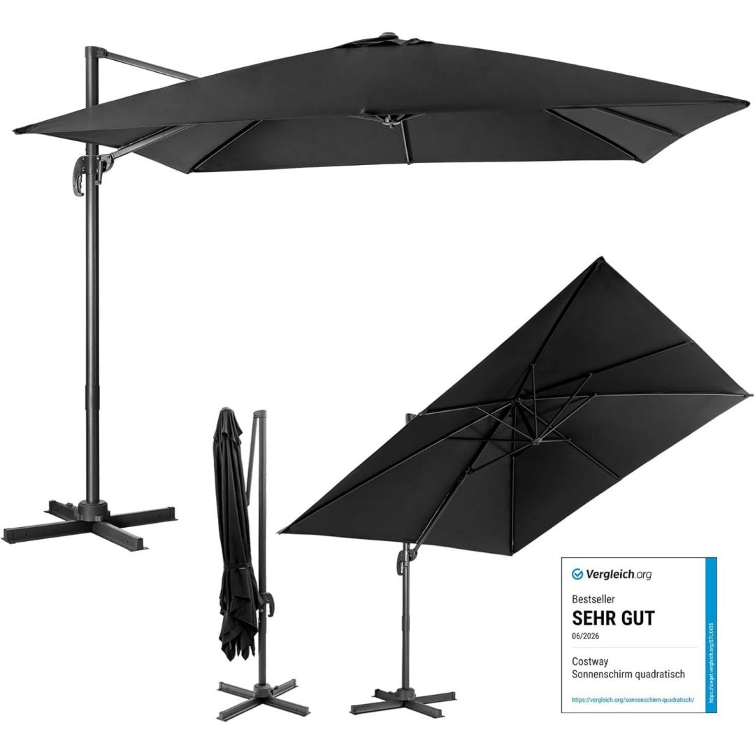 Sonnenschirm quadratisch Schwarz 300 x 300 cm Ampelschirm mit Kurbel 360 drehbar Gartenschirm neigbar