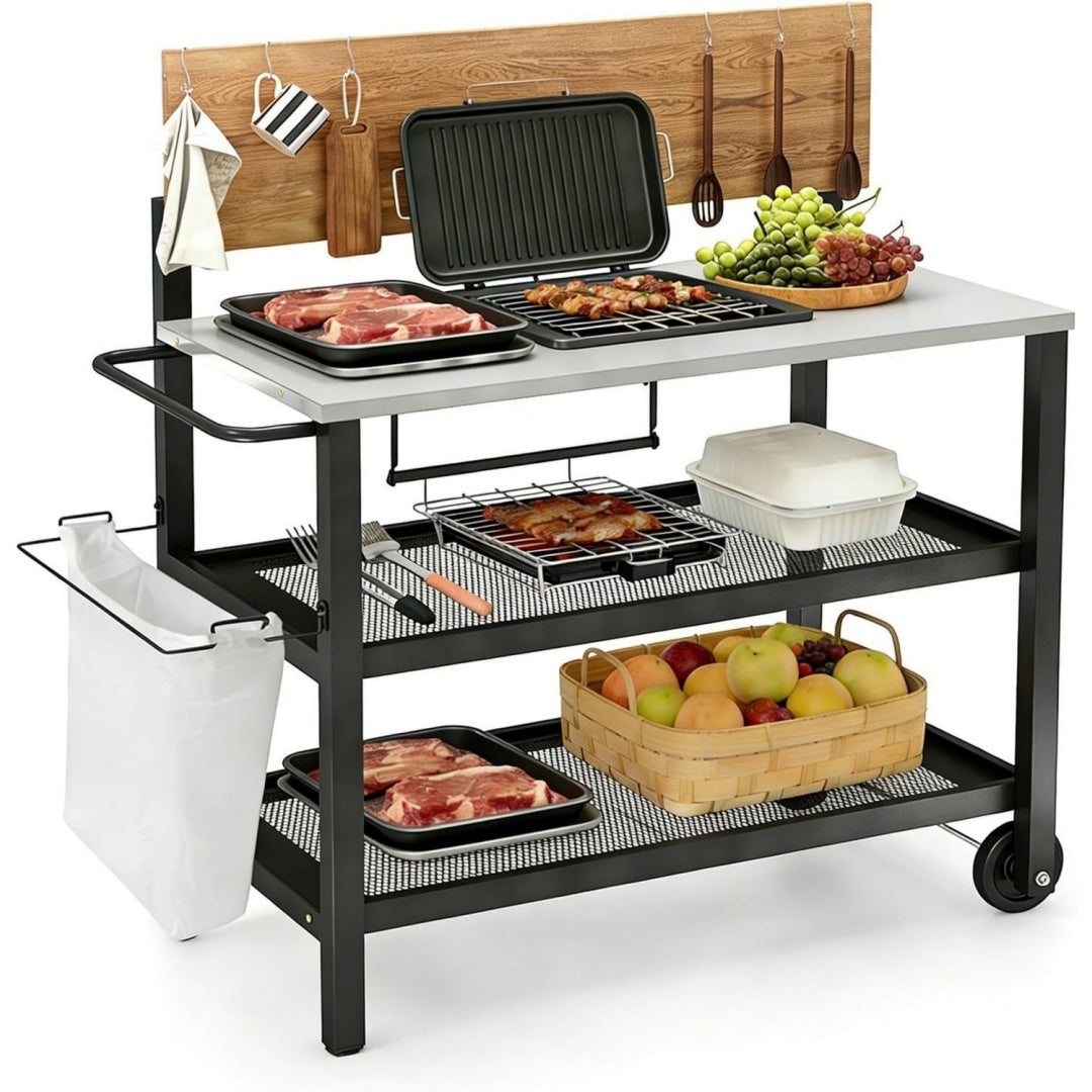 Grillwagen Grilltisch Grill Beistelltisch Servierwagen Outdoor Grill Tisch 4 Etagen mit Metall Arbeitsplatte Muellsackhalter Kuechenwagen Outdoor