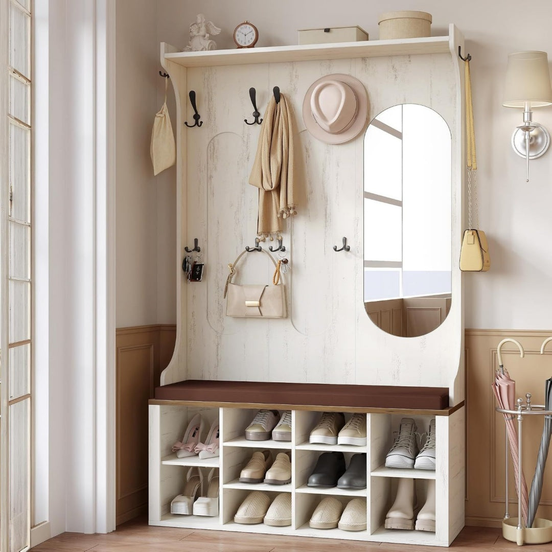 Garderobenstaender mit Schuhbank Weiss 35,5 x 100 x 185 cm Garderobe mit Spiegel - Schuhaufbewahrung