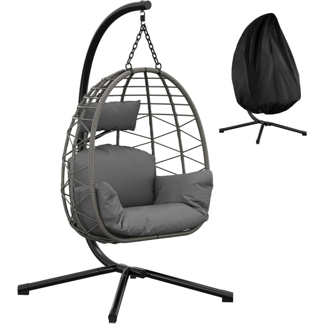 Haengesessel mit Gestell fuer draussen Grau rattan max. 150 kg Metallgestell