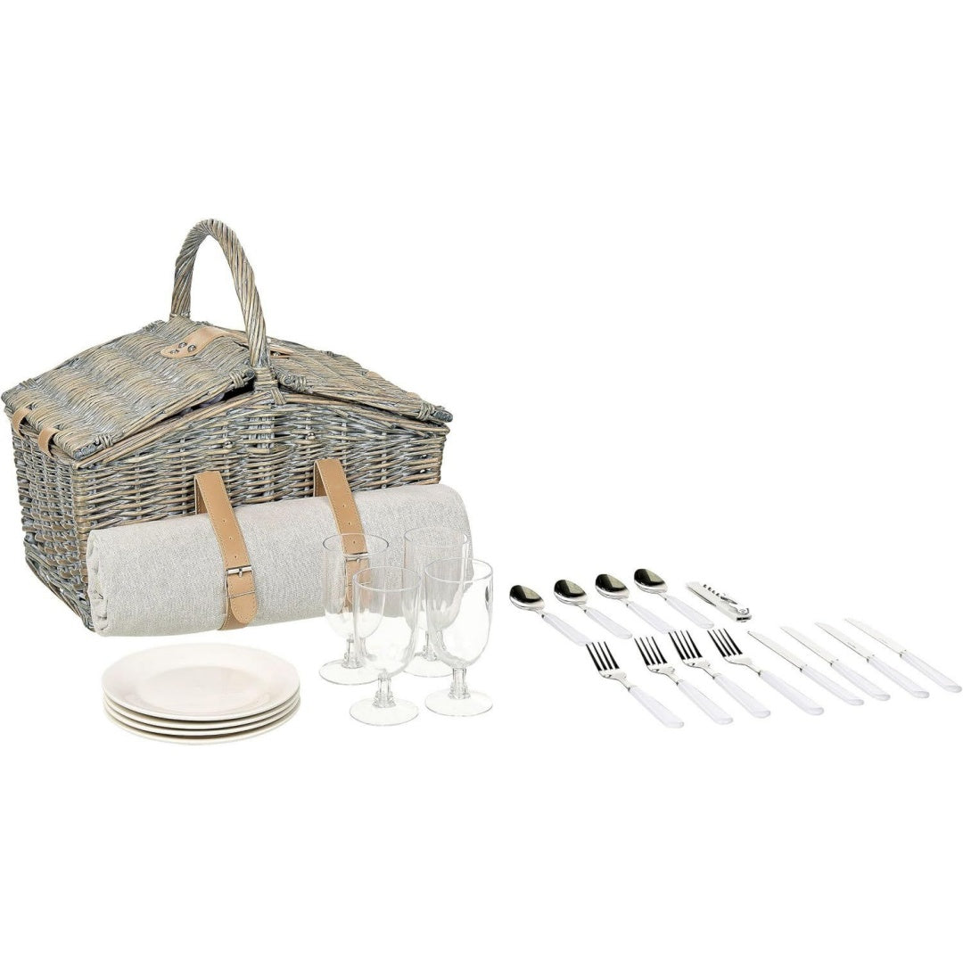 Picknickkorb fuer 4 Personen Kuehltasche Weinglaeser Decke Canele Grau rattan