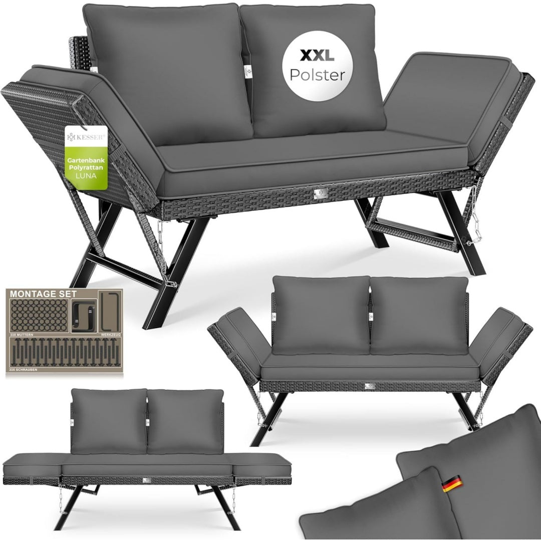 Gartenbank mit Liegefunktion Gartensofa 4 in 1 Verstellfunktion Gartencouch Wetterfest Balkonsofa Verstellbare Armlehnen polyrattan Extra Dicke