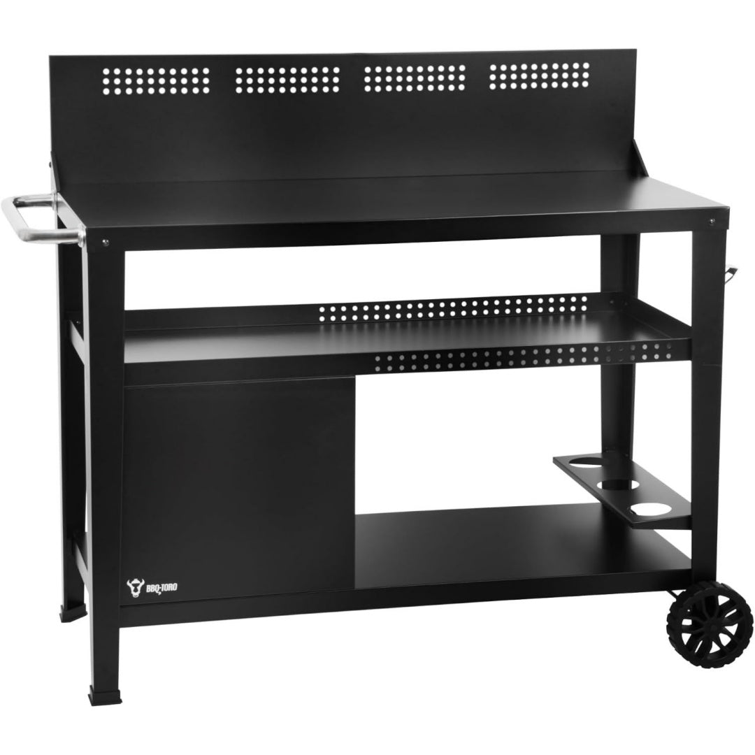 Grillwagen Grilltisch mit grosser Arbeitsflaeche Schwarz 125 x 57 x 104 cm Grill Beistelltisch mit Windschutz Outdoor Grill Trolley