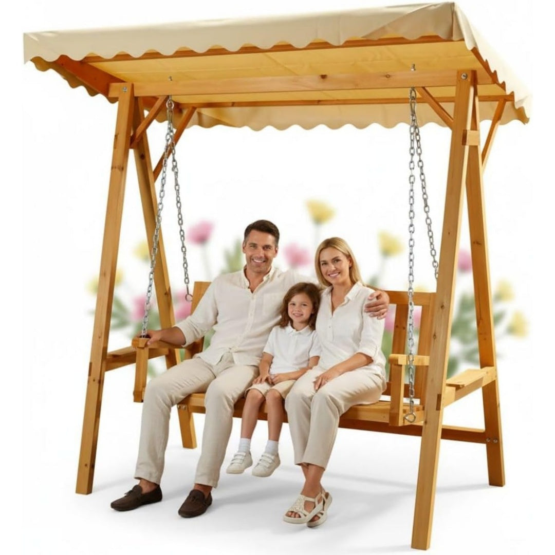 Hollywoodschaukel Gartenschaukel mit Dach 190 kg Haengeschaukel fuer 2 Personen Beige holz 188x161x88 cm UV-bestaendig und regendicht stabile