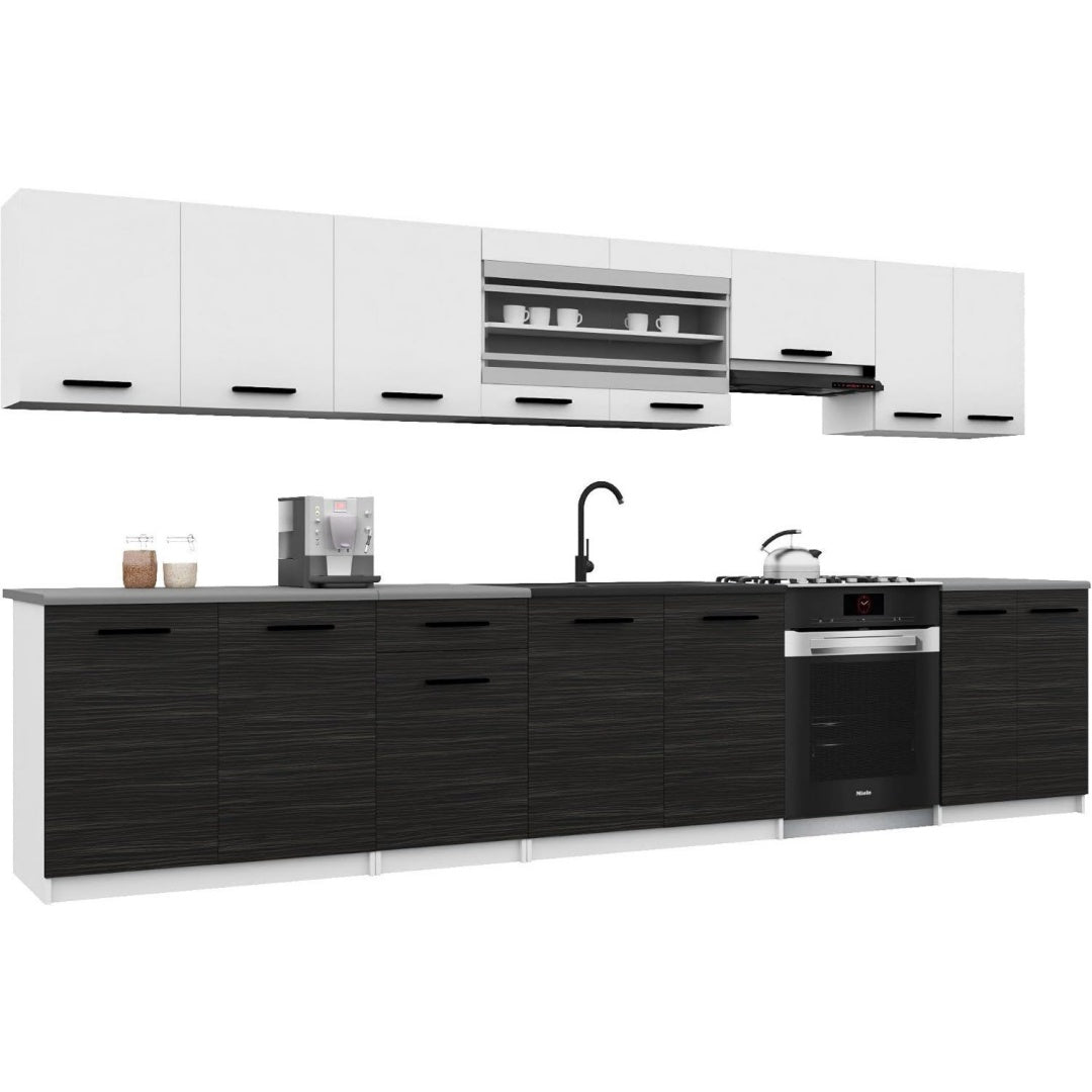 Italia 3 Kuechenzeile Kuechenblock 320cm -Ebenholz Kuechenset als gerade Kuechenzeile Weiss matt weisse Korpusse DECOR ECONATURA Material