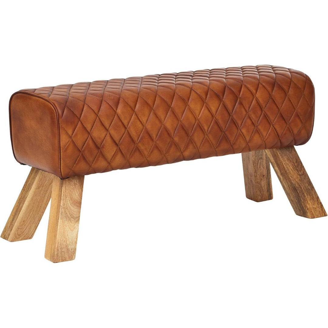 Turnbock Sitzbank Echtleder Cognac Gesteppt Lederhocker mit Holzbeinen aus Mango 89x35x46 cm Springbock Bank bis 180 kg belastbar Sitzhocker