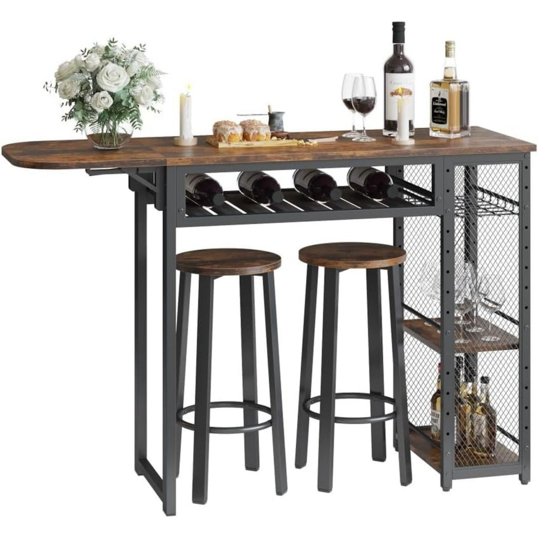 Bartisch-Set im Industriestil mit 2 Barhockern Grau Weinglashalter Regal