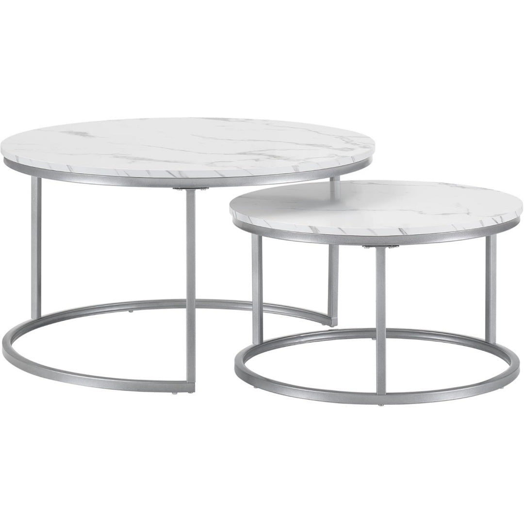 Marmor Couchtisch Rund Wohnzimmertisch Couchtisch Rund 2er Set Beistelltisch aus Metallgestell Tisch Wohnzimmer Weiss silber Coffee Table 80+60 cm