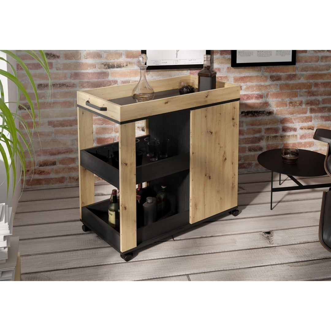BAR Barschrank 70 80 Schwarz eiche Schrank mit Rollen und 2 Tueren Barmoebel
