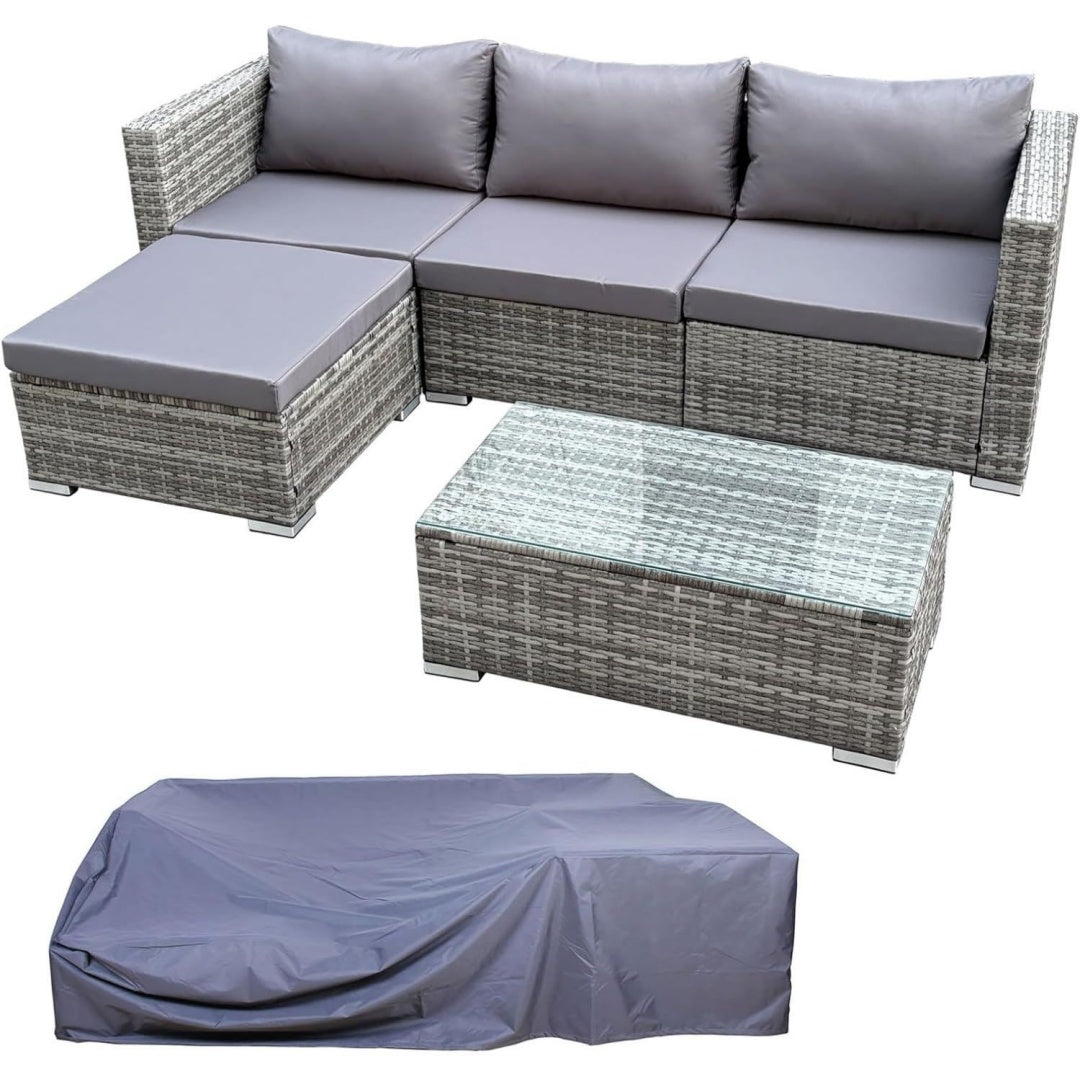 Queens Set Sitzgruppe Couch-Set Ecksofa Sofa-Garnitur Gartenmoebel Lounge Abdeckhaube Grau polyrattan
