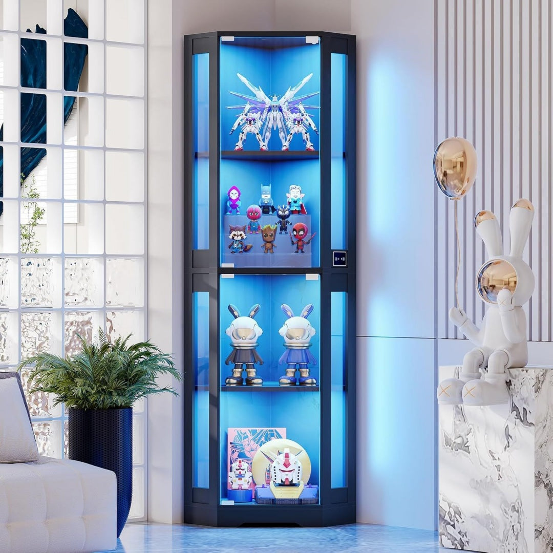 165 cm Eckvitrine aus Glas mit Glastueren und LED-Beleuchtung Schwarz