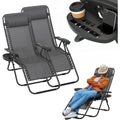 2er Set Klappbarer Liegestuhl mit Getraenkehalter Kopfkissen Schwarz grau Sonnenliege Gartenliege Extra Breit 64cm Gartenstuhl Relaxliege mit