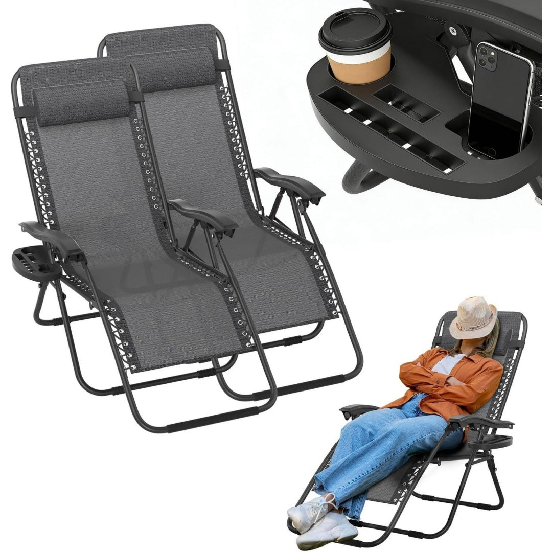 2er Set Klappbarer Liegestuhl mit Getraenkehalter Kopfkissen Schwarz grau Sonnenliege Gartenliege Extra Breit 64cm Gartenstuhl Relaxliege mit