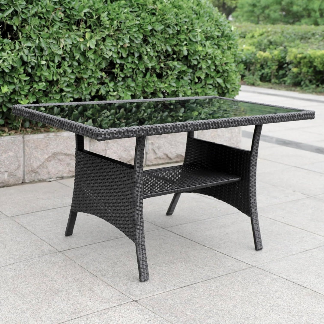 Gartentisch mit Ablage Glas Tischplatte Wetterfest Garten Terrasse Balkon Tisch Esstisch Gartenmoebel ( ) Schwarz polyrattan 120x70x68cm
