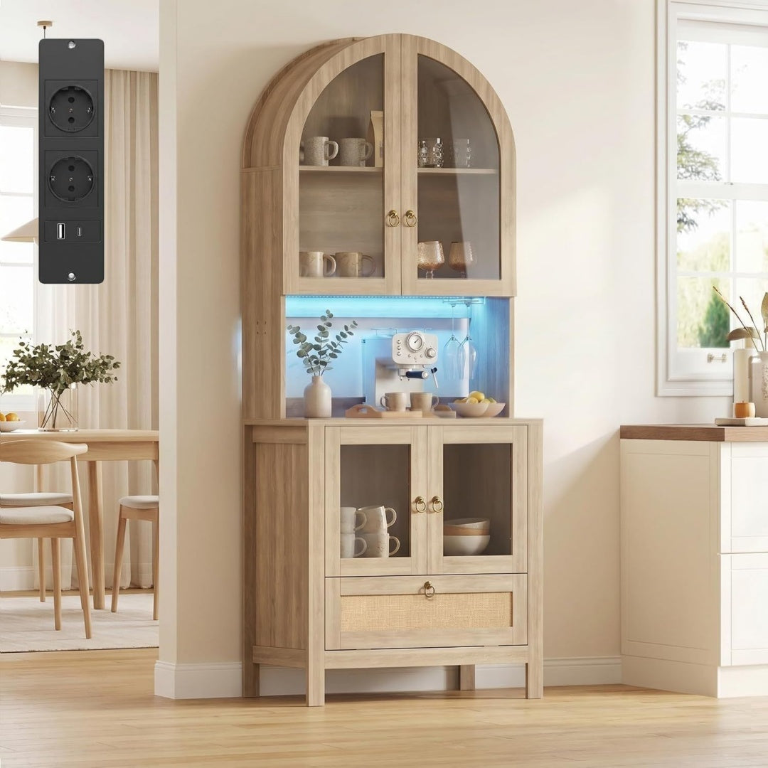 Kuechenschrank mit Arbeitsplatte und Steckdose 190cm Buffetschrank mit LED Sideboard Kueche Glastuer verstellbaren Boeden Vorratsschrank